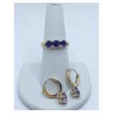 10K RING AND PIERCED EARRINGS W/ AMYTHEST STONES