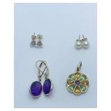 14K PURPLE AMYTHEST EARRINGS, 14K CZ EARRINGS AND