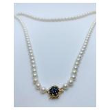14K - 22" LONG NATURAL PEARL NECKLACE W/ SAPPHIRE