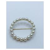 1 1/2 ROUND PEARL PIN W/ 14K GOLD SETTING AND
