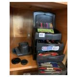 ALL THE PENS AND STERLITE STORAGE BOX, CAMERA