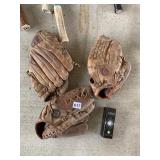 LEATHER BASEBALL GLOVES AND 3 GOLF BALLS