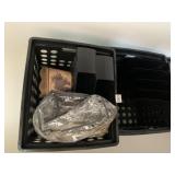 TWO CRATES WITH ANGLED CURTAINS, ETC.