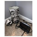 BLACK AND WHITE VASE AND LIGHT, ALARM CLOCK, ETC.