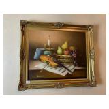 OIL ON CANVAS BY FRANK LEAN, VIOLIN & FRUIT SCENE