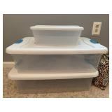 THREE STORAGE CONTAINERS W/ LOCK LIDS