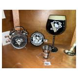 PENGUINS SHOT GLASS, WINE GLASS, CLOCK