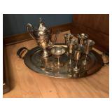 SILVERPLATE TEAPOT, TRAY, GLASSES