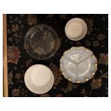 DIVIDED GLASS DISH W/ GOLD RIM, ETC.