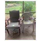 RED WOOD ARMCHAIR W/ CUSHIONS AND SIDE TABLE