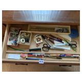 DESK DRAWER CONTENTS, SCISSORS, CLIPS, RULER