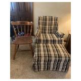TWEED ARMCHAIR AND OTTOMAN AND WOOD SIDE TABLE