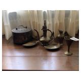 BRASS CRICKET BOX, TEAPOT, ASHTRAYS