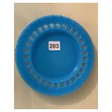 BLUE MILK GLASS PLATE W/ OPEN DESIGN