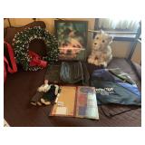 TOTE BAG, WREATH, 2 DOLLS, STUFFED DOG