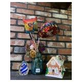 GINGERBREAD HOUSE, PAPER WEIGHT BLUE SWIRL GLASS