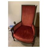 VELVET HIGH BACK ARMCHAIR WOOD FRAME 1960