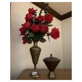 BRASS VASE W/ ROSES AND CANDY DISH