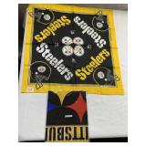 TWO STEELER SCARVES, SHOWER PUFF, BAGS