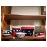PATRIOTIC BUCKET, BOWLS, GLASS PLATES