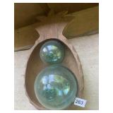 17" WOOD PINEAPPLE BOWL AND GLASS GLOBES