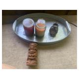 JAR CANDLES AND LARGE ALUMINUM SERVING TRAY WITH