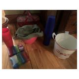 PLASTIC GLASSES, PICNIC BASKET, BOWLS