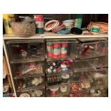 SEVERAL ORGANIZER BINS FILLED WITH RIBBON AND