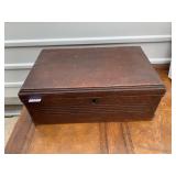 ANTIQUE WOODEN SEWING BOX W/ LIFT OUT TRAY AND 2