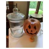 LARGE GLASS CANISTER WITH LID, LIGHTED PUMPKIN,