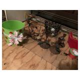 TIN BUCKET, CANDLE HOLDERS W/ HOLLY