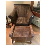 WICKER AND WOOD CARVED FRAMED CHAIR 34HX34WX25D