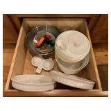 CORELLE WHITE BAKING DISHES, SALAD SPINNER, EGG