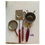 VINTAGE CHILDS KITCHEN UTENSIL SET, RED HANDLE