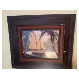 SAILBOAT SCENE ON BOARD 43HX49W, SIGNED LOWER