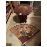 SMALL CARVED WOOD FOLDING TABLE WITH INLAID TOP,