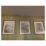 SIGNED FRAMED WATERCOLOR PRINTS SET OF 3