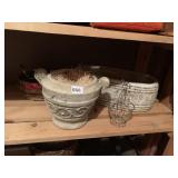 WIRE BASKETS, OVAL CONCRETE PLANTER AND