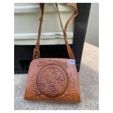 STAMPED LEATHER HANDBAG W/ LONG STRAP