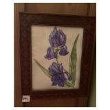 IRIS WATERCOLOR FRAMED IN CARVED WOOD FRAME,