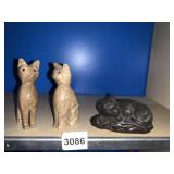 2 STONE BROWN 4" CATS AND 4" BRONZE SLEEPING CAT