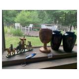 CARVED WOOD GOBLET, ELEPHANT FIGURES AND 6"