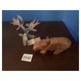 GLASS BIRDS ON BRANCH BROKEN PEDAL AND WOOD HIPPO