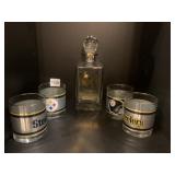 STEELER DECANTER AND 4 HIGH BALL GLASSES