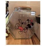 SIX-SIDED GLASS MICKEY MOUSE COOKIE JAR WITH WOOD