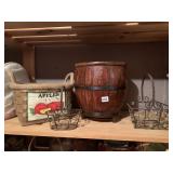 BARREL SHAPED PLANTER, WIRE BASKETS, APPLES