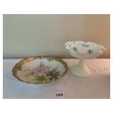 MILK GLASS HAND PAINTED RUFFLED EDGE COMPOTE AND