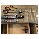 SERVING PIECES, TONGS, GOLD SPOONS, PAINTED WOOD