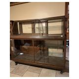 ANTIQUE OAK DISPLAY CASE, SLANT TOP 2 PC. SLIDING