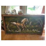 WOOD FRAME VELVET PICTURE OF HORSE, 48X25, HAS